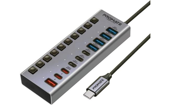 Promate GegaHub-5G 10 in 1 USB-C Multiport Hub, 3 USB-C and 4 USB-A Ports with 5Gbps Data Transfer, Fast Charging USB-C and USB-A Ports, 20W USB-C PD Port with Individual Power Switches and Plug & Play